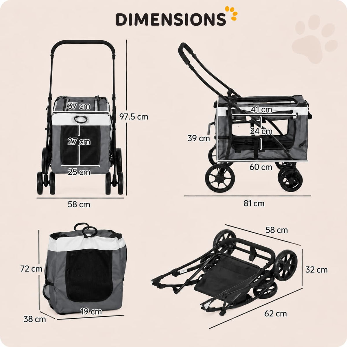 Foldable Pet Stroller 2-in-1 with Removable Carrier Basket - Grey