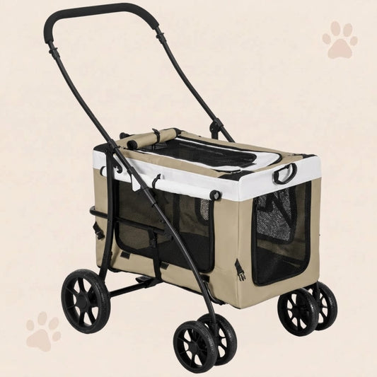 Foldable Pet Stroller 2-in-1 with Removable Carrier Basket - Khaki