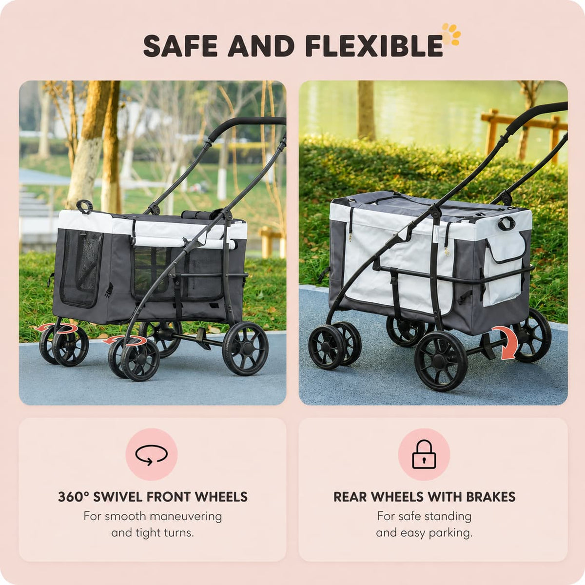 Foldable Pet Stroller 2-in-1 with Removable Carrier Basket - Grey