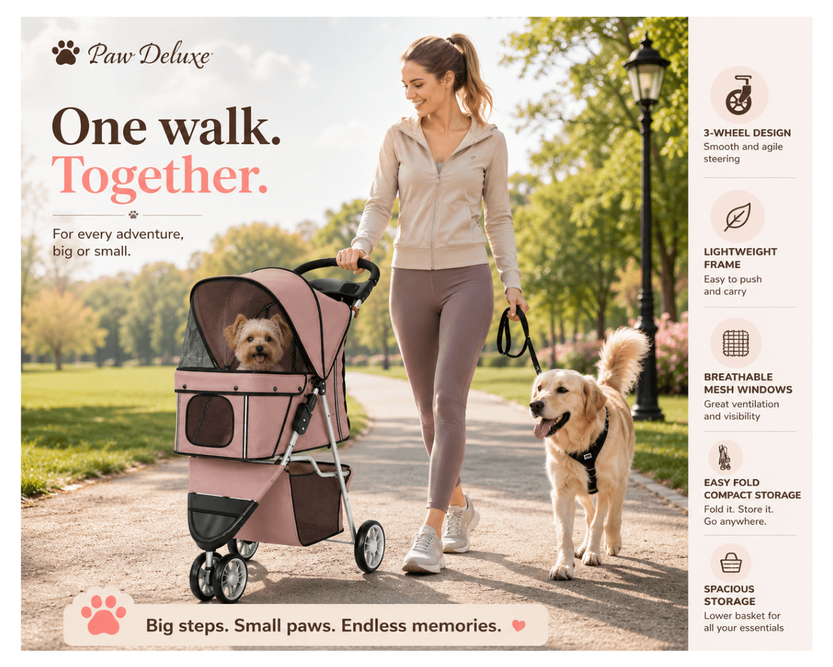 Foldable Pet Stroller with Storage Basket & Cushion - Dusty Pink