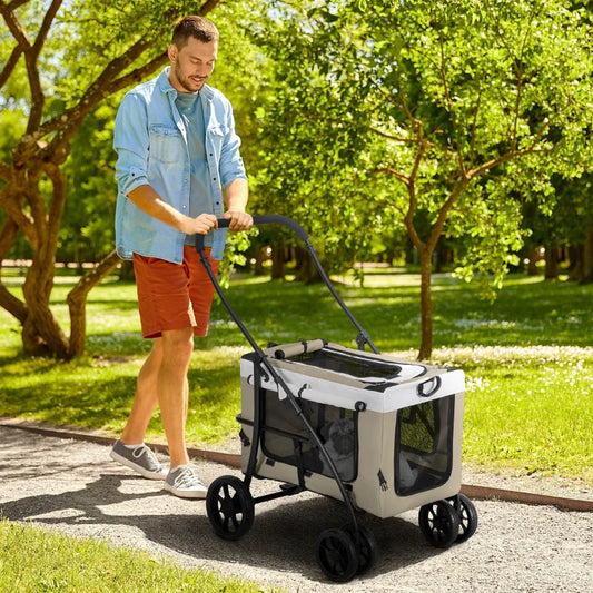 Foldable Pet Stroller 2-in-1 with Removable Carrier Basket - Khaki