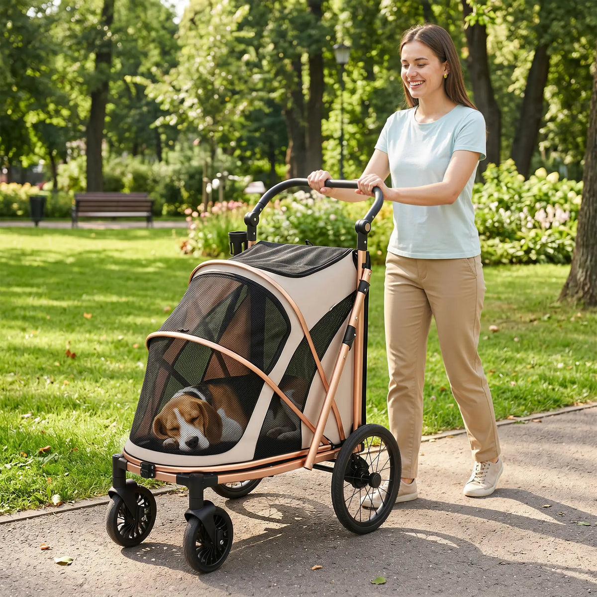 Großer klappbarer Hunde-Buggy für Hunde bis 20 kg mit geländegängigen Rädern