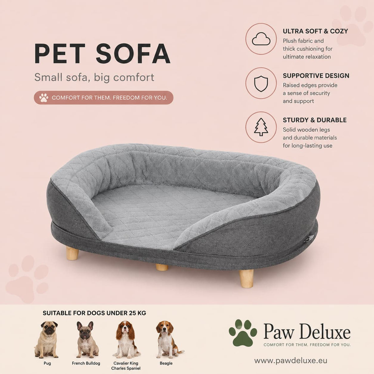 Elevated Pet Lounge with Removable Washable Cover – Grey