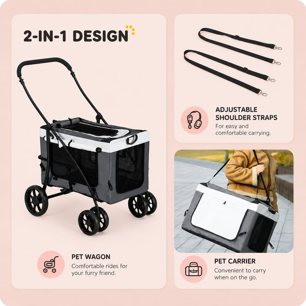 Foldable Pet Stroller 2-in-1 with Removable Carrier Basket - Grey