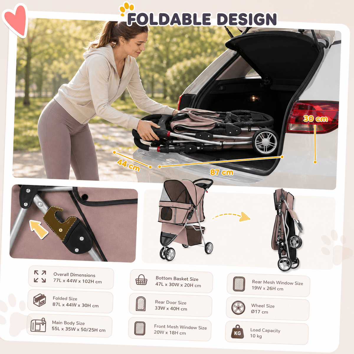 Foldable Pet Stroller with Storage Basket & Cushion - Dusty Pink