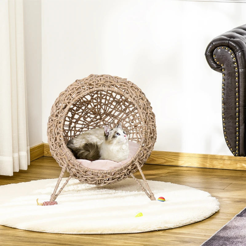Rattan Cat Lounge Bed with Cushion - Beige