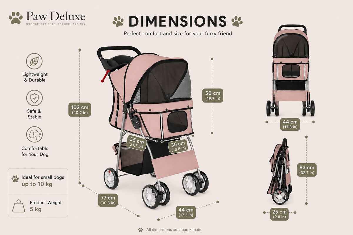 Foldable Pet Stroller with Storage Basket & Cushion - Dusty Pink