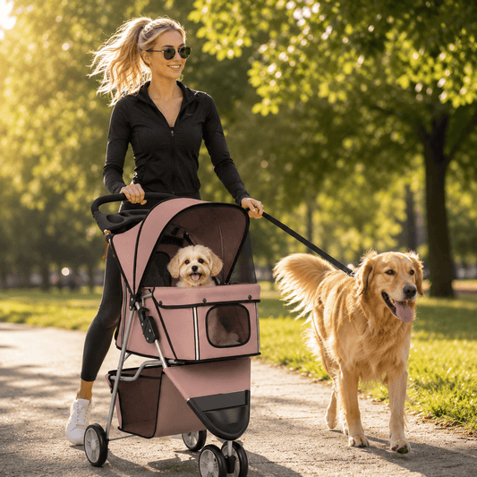 Foldable Pet Stroller with Storage Basket & Cushion - Dusty Pink