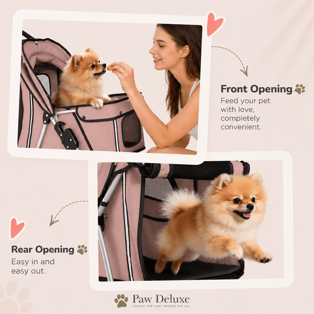 Foldable Pet Stroller with Storage Basket & Cushion - Dusty Pink