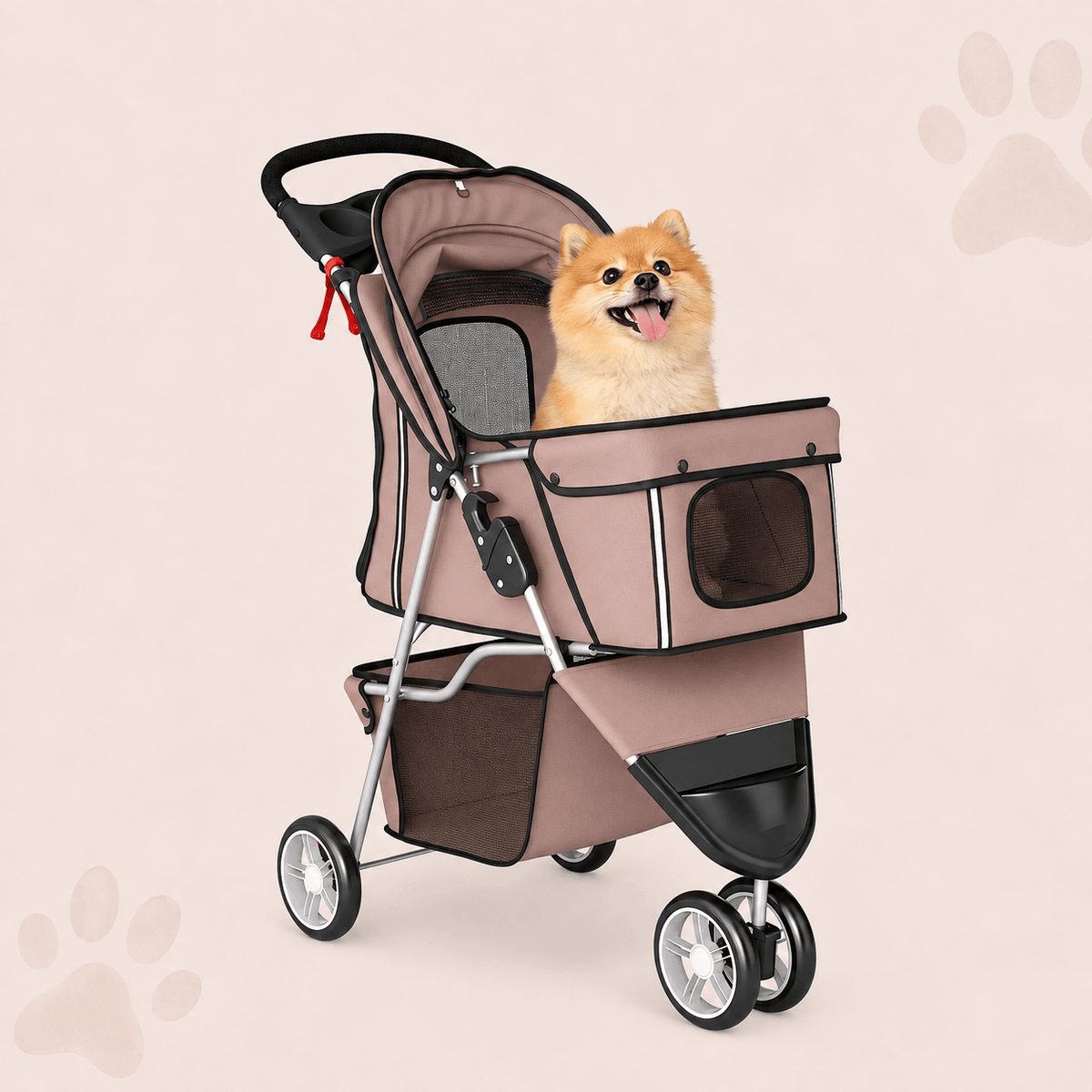 Foldable Pet Stroller with Storage Basket & Cushion - Dusty Pink