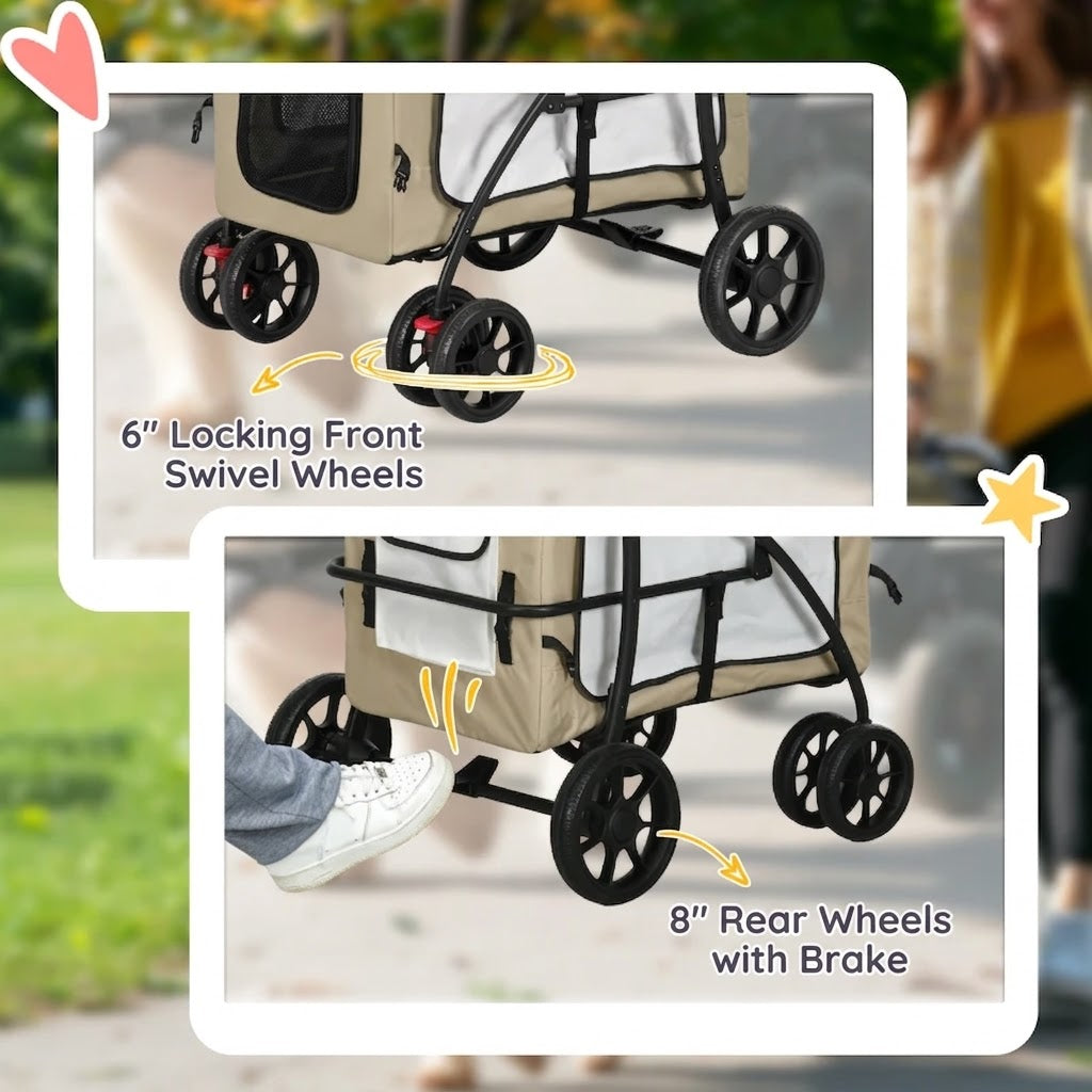 Foldable Pet Stroller 2-in-1 with Removable Carrier Basket - Khaki