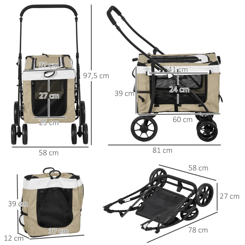 Foldable Pet Stroller 2-in-1 with Removable Carrier Basket - Khaki