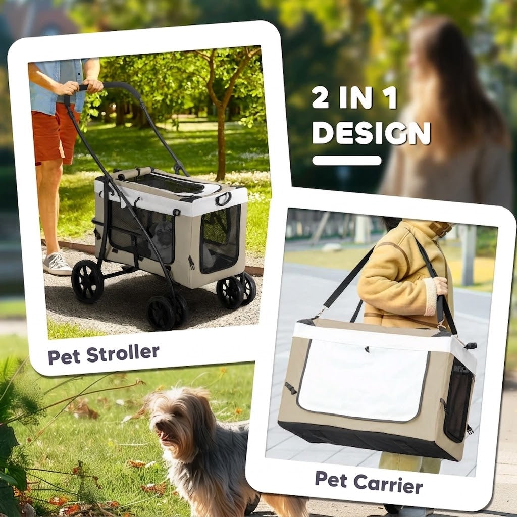 Foldable Pet Stroller 2-in-1 with Removable Carrier Basket - Khaki