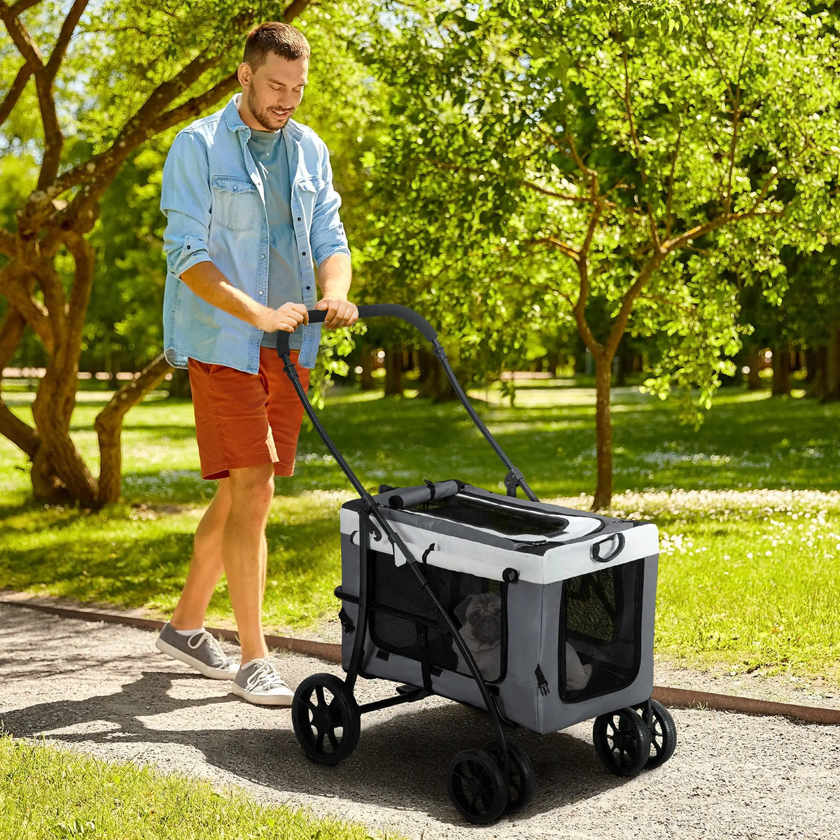 Foldable Pet Stroller 2-in-1 with Removable Carrier Basket - Grey