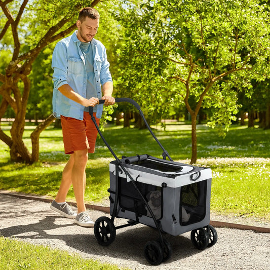 Foldable Pet Stroller 2-in-1 with Removable Carrier Basket - Grey