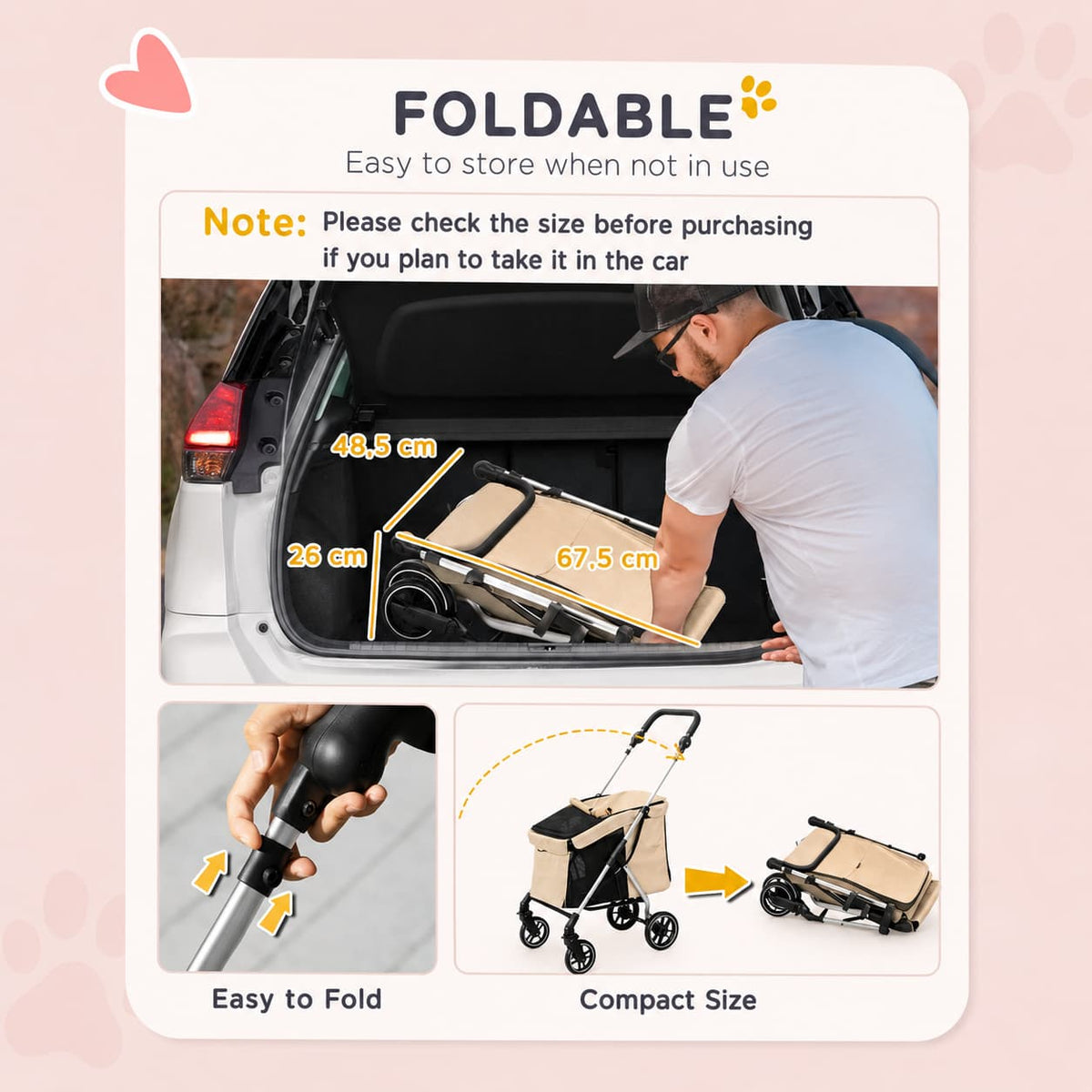 Lightweight Folding Pet Stroller – Khaki Edition