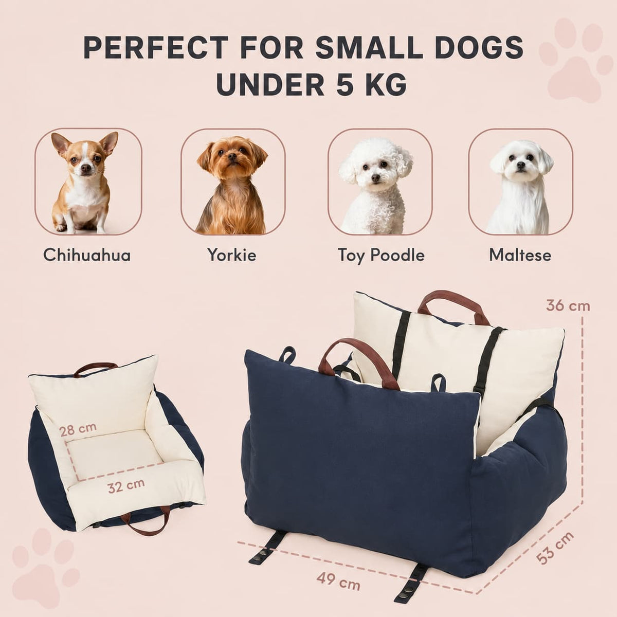 Small Pet Car Seat with Safety Tethers & Washable Cover - Up to 5kg