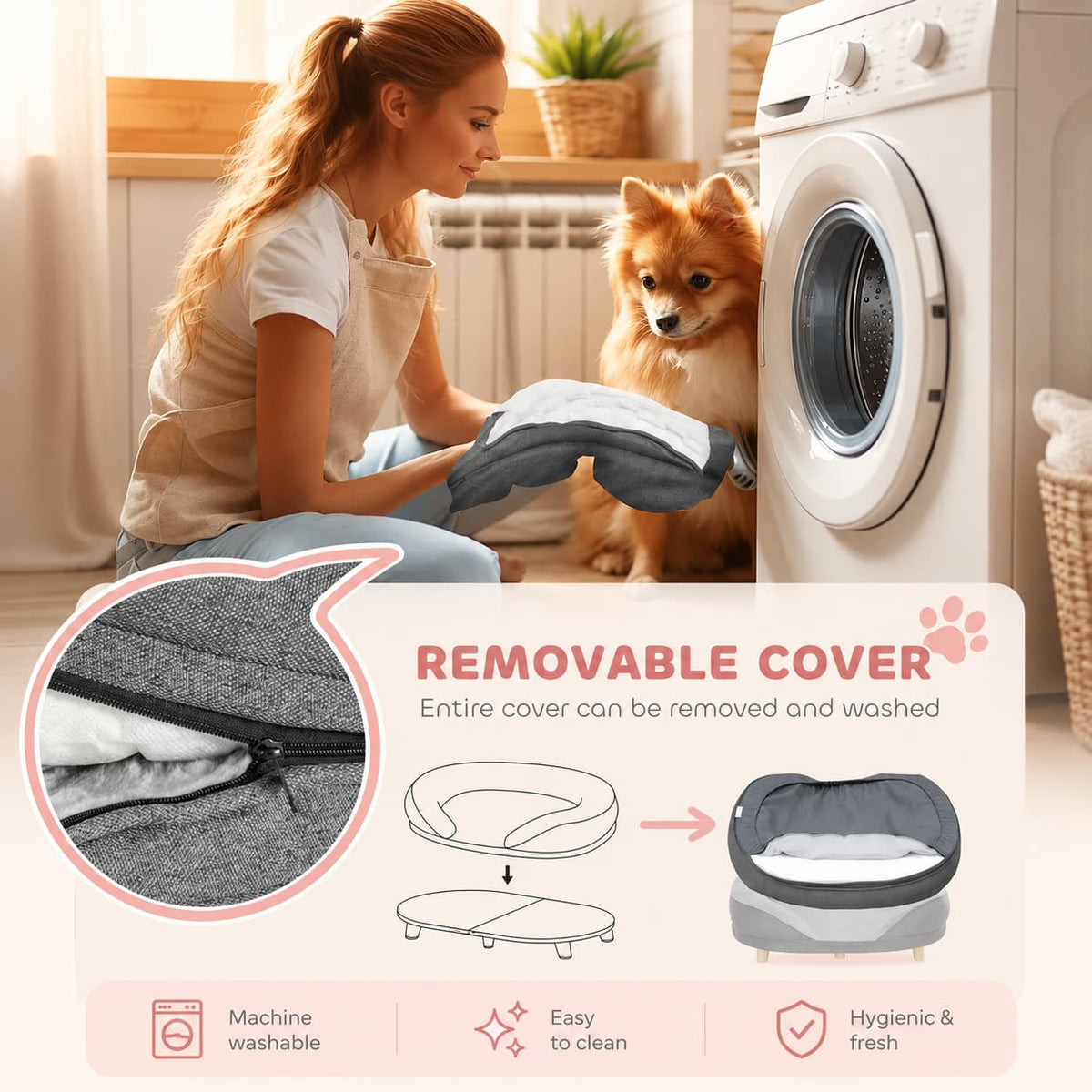 Elevated Pet Lounge with Removable Washable Cover – Grey