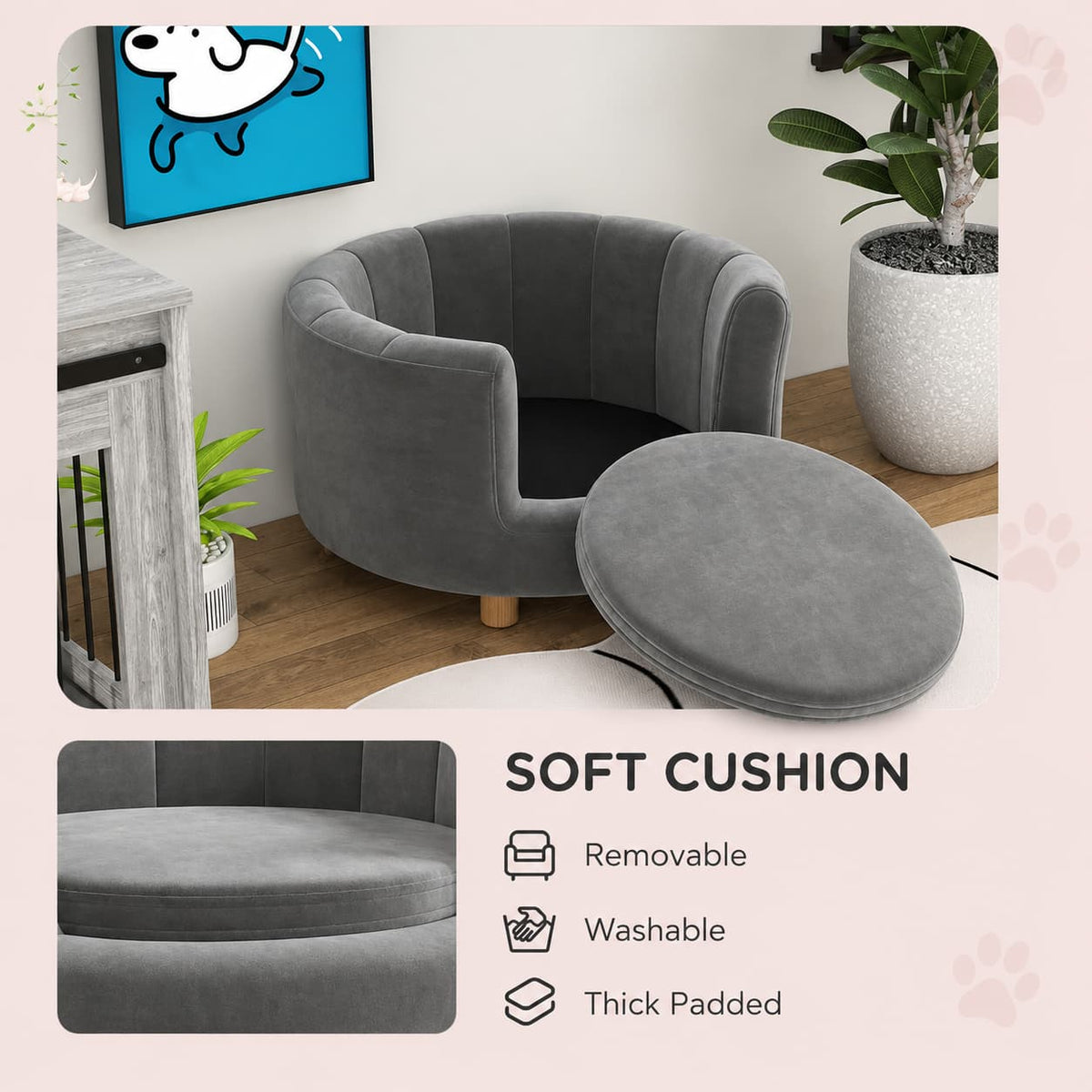 Cozy Pet Lounge for Small Dogs & Cats with Removable Cushion – Grey