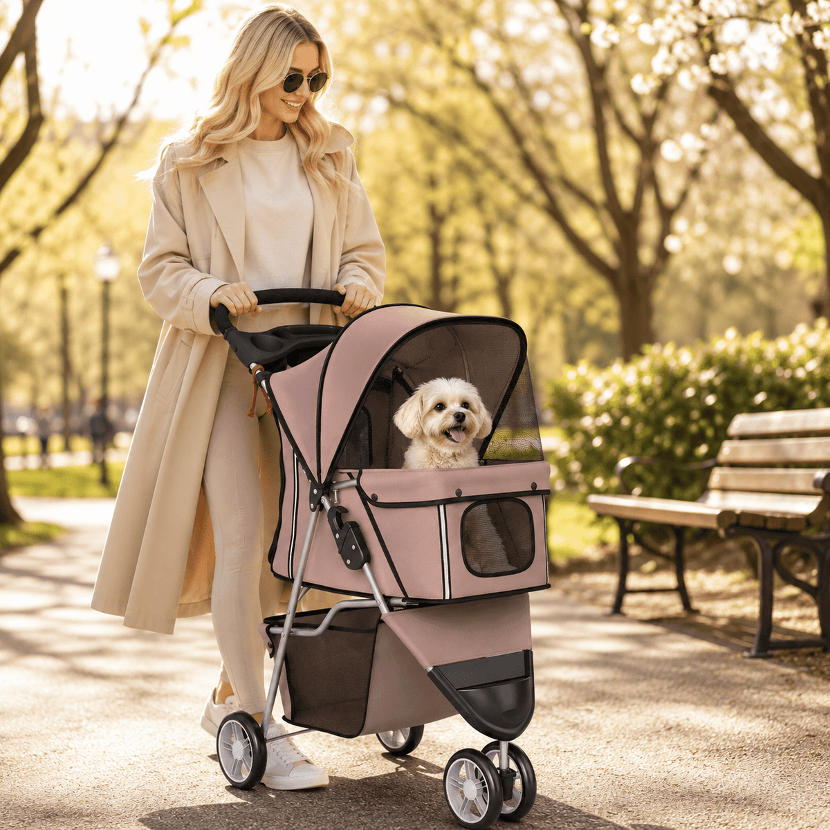 Foldable Pet Stroller with Storage Basket & Cushion - Dusty Pink