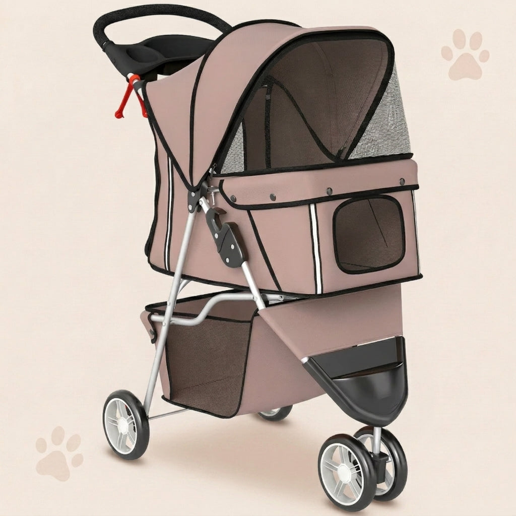 Foldable Pet Stroller with Storage Basket & Cushion - Dusty Pink