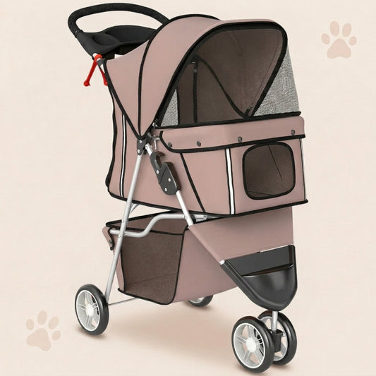 Foldable Pet Stroller with Storage Basket & Cushion - Dusty Pink