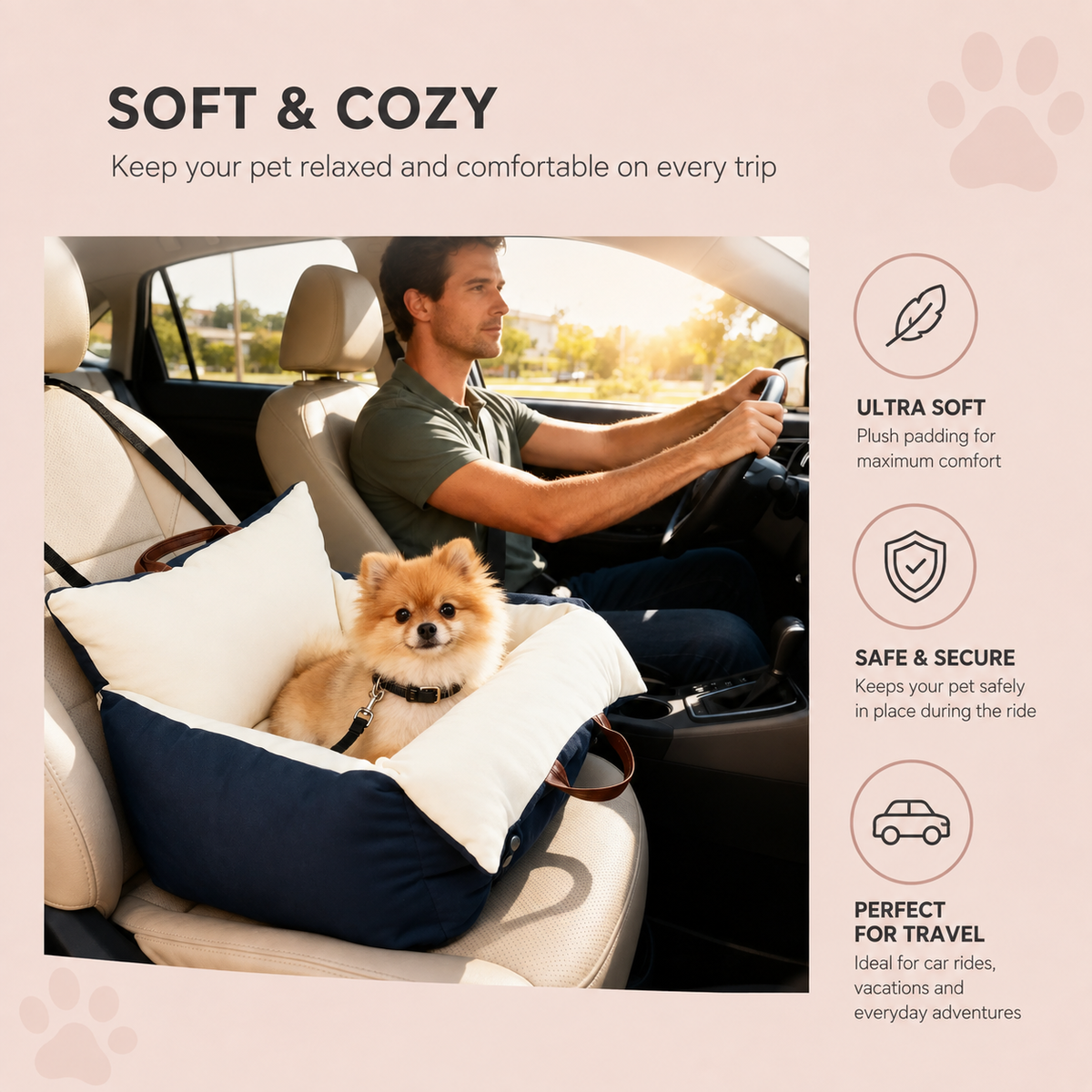 Small Pet Car Seat with Safety Tethers & Washable Cover - Up to 5kg